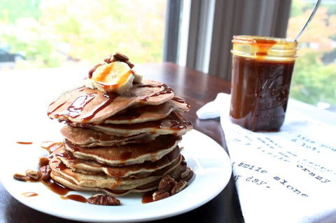 Banana Pancakes with Bourbon Salted Caramel Sauce