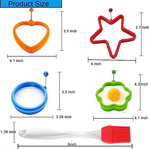 4 Piece Pancake & Egg Ring Reusable Molds with an Oil Brush & Spatula