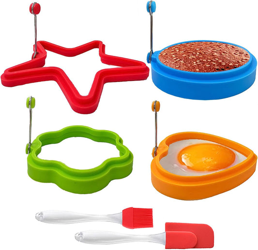 4 Piece Pancake & Egg Ring Reusable Molds with an Oil Brush & Spatula